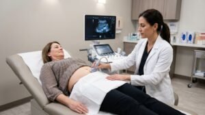 Médica realizando ultrassom pélvico em paciente — diferença entre ultrassom pélvico e transvaginal